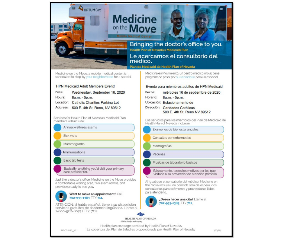 Health Plan of Nevada's Medicine on the Move truck coming to Catholic Charities of Northern Nevada